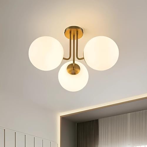 RBSK Modern Ceiling Light, 3-Light Glass Globe Semi Flush Mount, White and Gold, for Living Room, Dining Room (Without Bulb) - Image 1