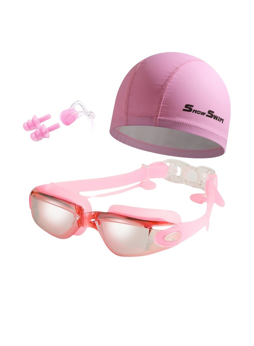 Professional Waterproof Swimming Goggles Mirrored Lens With ultra wide and clear view comes with plastic case Nose Clip with Earplugs and Swimming cap All in one set anti fog swimming goggles(Pink)
