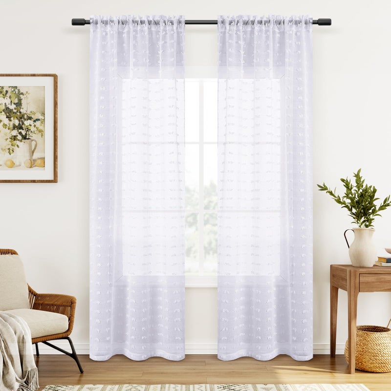 Guken White Sheer Curtains 84 Inch Length 2 Panels Sets for Living Room Bedroom 38 Inch Width Boho Drapes Light Filtering Pom Pom Curtains Semi Sheer Nursery Girls Rod Pocket,W38xL84 - Image 2