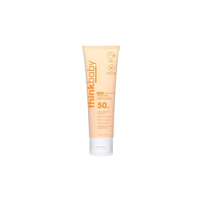 Thinkbaby Baby Sunscreen for Sensitive Skin, 3 Fl Oz, SPF 50 Clear Zinc Oxide Baby Mineral Sunscreen, Broad Spectrum UVA/UVB Protection, Natural, Water Resistant, Reef Safe, Vegan