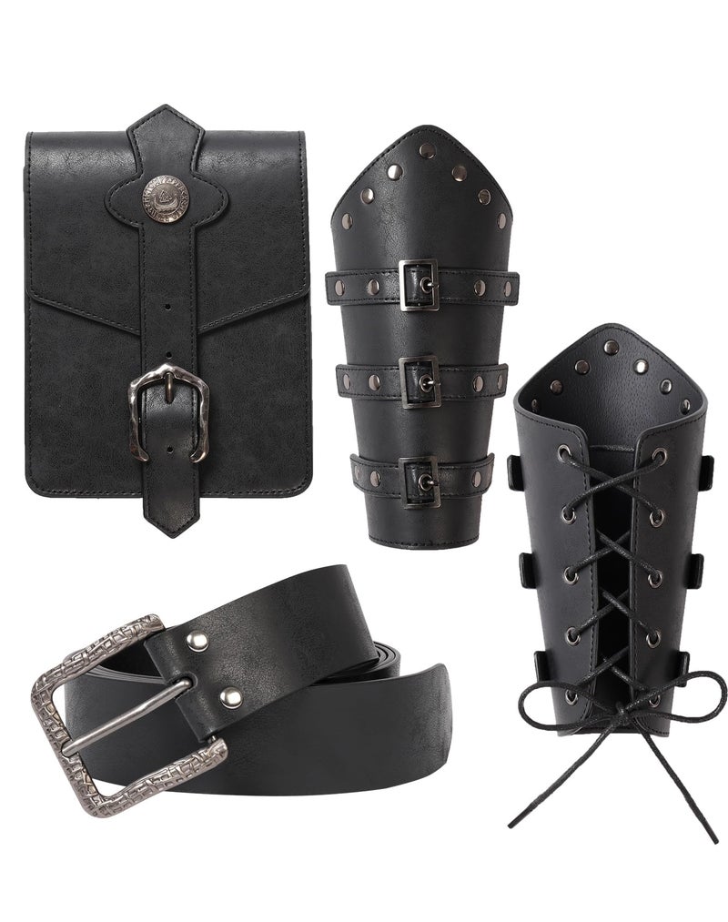 Berenlu 3 PCS Renaissance Accessories, Viking Belt, Medieval Vintage Belt Pouch & Leather Bracers for Halloween LARP Cosplay (Black Square Pouch) - Image 1