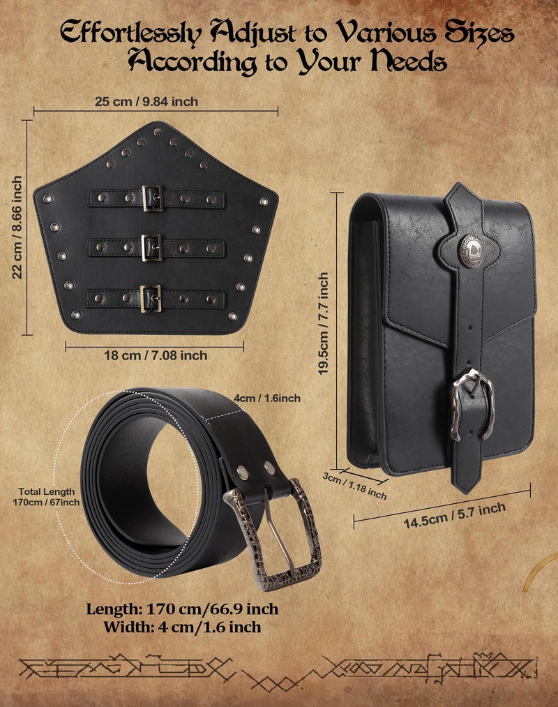Berenlu 3 PCS Renaissance Accessories, Viking Belt, Medieval Vintage Belt Pouch & Leather Bracers for Halloween LARP Cosplay (Black Square Pouch) - Image 2
