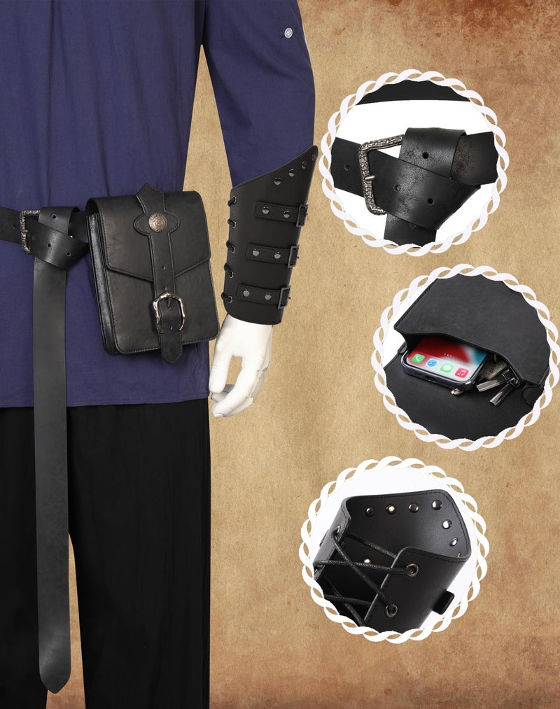 Berenlu 3 PCS Renaissance Accessories, Viking Belt, Medieval Vintage Belt Pouch & Leather Bracers for Halloween LARP Cosplay (Black Square Pouch) - Image 4