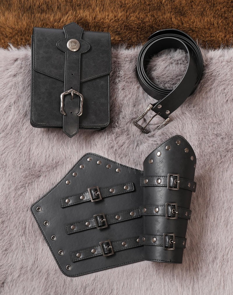 Berenlu 3 PCS Renaissance Accessories, Viking Belt, Medieval Vintage Belt Pouch & Leather Bracers for Halloween LARP Cosplay (Black Square Pouch) - Image 5