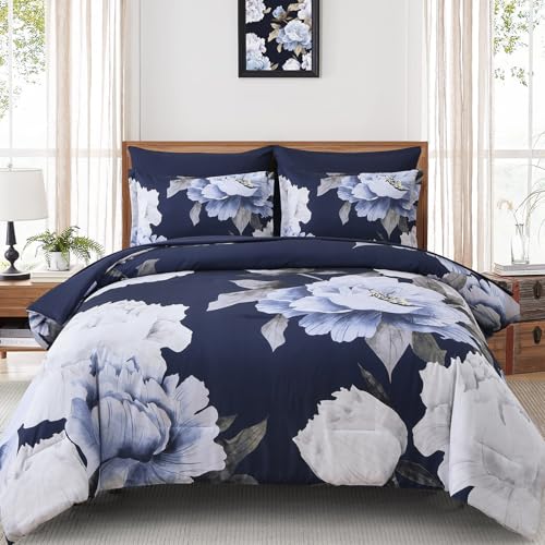 Dobuyly Navy Blue Comforter Set Queen Size 7 Piece Bed in a Bag, Floral Comforter Set with Sheets, Soft Microfiber Botanical Flowers Complete Bedding Set for All Season - Image 1