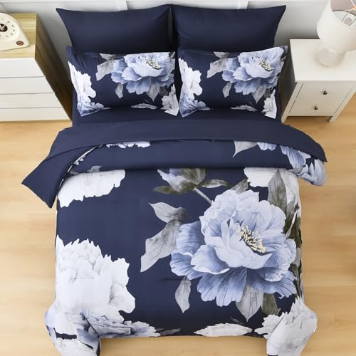 Dobuyly Navy Blue Comforter Set Queen Size 7 Piece Bed in a Bag, Floral Comforter Set with Sheets, Soft Microfiber Botanical Flowers Complete Bedding Set for All Season - Image 3