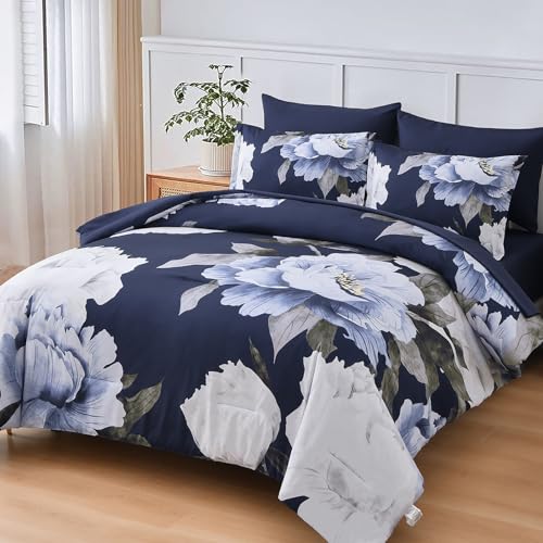 Dobuyly Navy Blue Comforter Set Queen Size 7 Piece Bed in a Bag, Floral Comforter Set with Sheets, Soft Microfiber Botanical Flowers Complete Bedding Set for All Season - Image 2