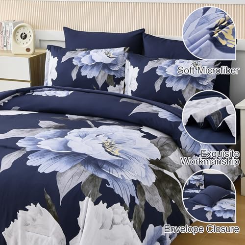 Dobuyly Navy Blue Comforter Set Queen Size 7 Piece Bed in a Bag, Floral Comforter Set with Sheets, Soft Microfiber Botanical Flowers Complete Bedding Set for All Season - Image 4