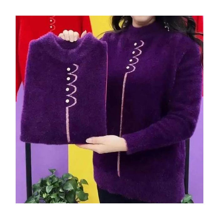 Double-Sided De Rong 2024 Spring Middle-Aged And Elderly Fleece-Lined Thickened Half-High Collar Versatile Slim Fit Base Shirt Women'S Top T-Shirt