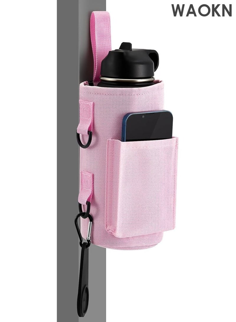 WAOKN Magnetic Water Bottle Holder Gym Water Bottle Carrier Bag with Phone Pocket Water Bottle Pouch Sleeve with Silicone Towel Buckle and Sling for Men Women Gym Accessories Organizer for Gym, Travel-Equipped with 6 magnets and silicone buckle（Pink） - Image 1
