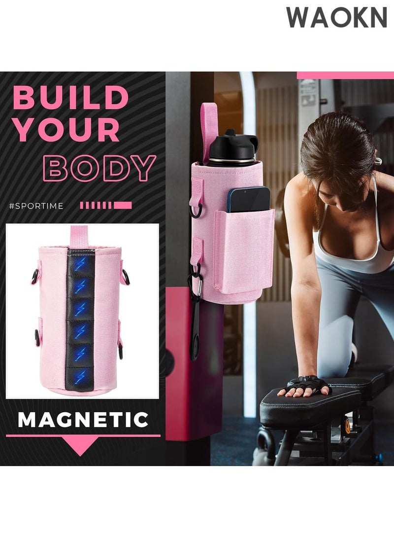 WAOKN Magnetic Water Bottle Holder Gym Water Bottle Carrier Bag with Phone Pocket Water Bottle Pouch Sleeve with Silicone Towel Buckle and Sling for Men Women Gym Accessories Organizer for Gym, Travel-Equipped with 6 magnets and silicone buckle（Pink） - Image 3