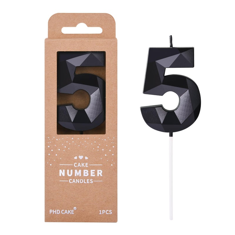 PHD CAKE 2.76 Inch Crystal Black 5 Number Birthday Candles, Black Number Candles, Cake Number Candles, Party Celebration - Image 1