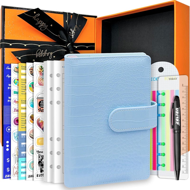 Zelten PU Leather Personal Notebook Planner with 80 Pages Loose-Leaf Papers 6 Holes Ring Binder Pen Holder Magnetic Buckle (Sky Blue Crocodile Pattern, A6 Gift Box) - Image 1