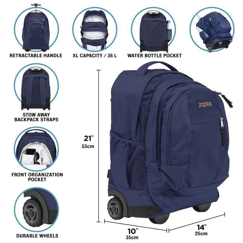 JanSport Driver 8 Rolling Backpack - Wheeled Travel Bag with 15-Inch Laptop Sleeve, One Size, Navy - Image 3