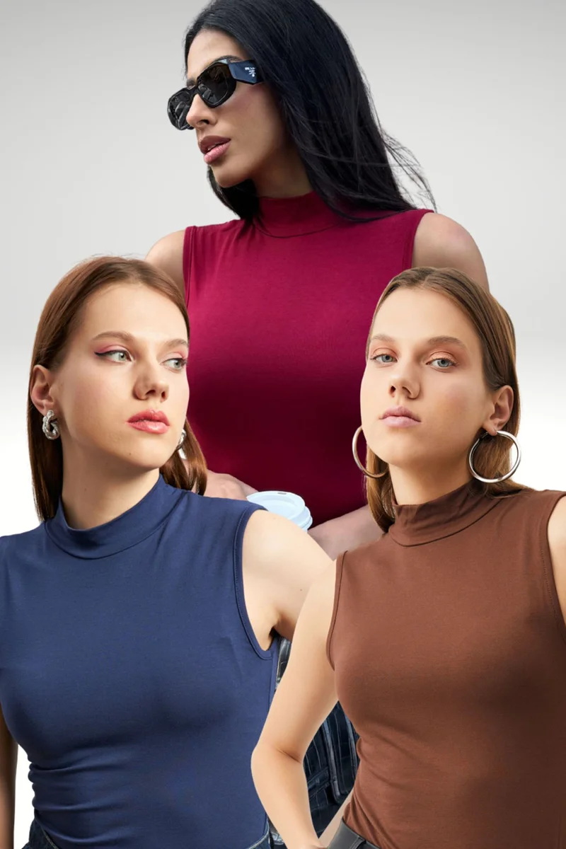 بيبانتولون BIPANTOLON Women's 3-Pack Ribbed Half Turtleneck Bodysuits