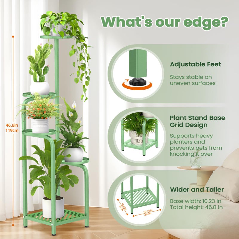 TOSKING 5 Tier Tall Plant Stand Indoor Outdoor, Heavy Duty Corner Shelf for Plants & Decor, Space Saving 3.9FT Metal Flower Pot Stand for Balcony, Garden, Living Room, Patio( Sage Green, 5Tier SQ Base) - Image 4