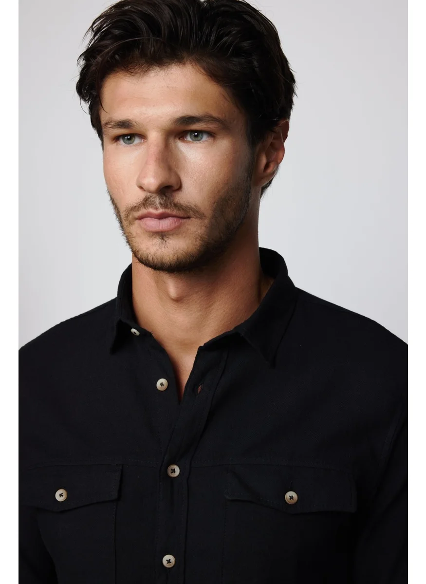 Tudors Slim Fit Long Sleeve Double Pocket Cotton Linen Sport Collar Black Men's Shirt