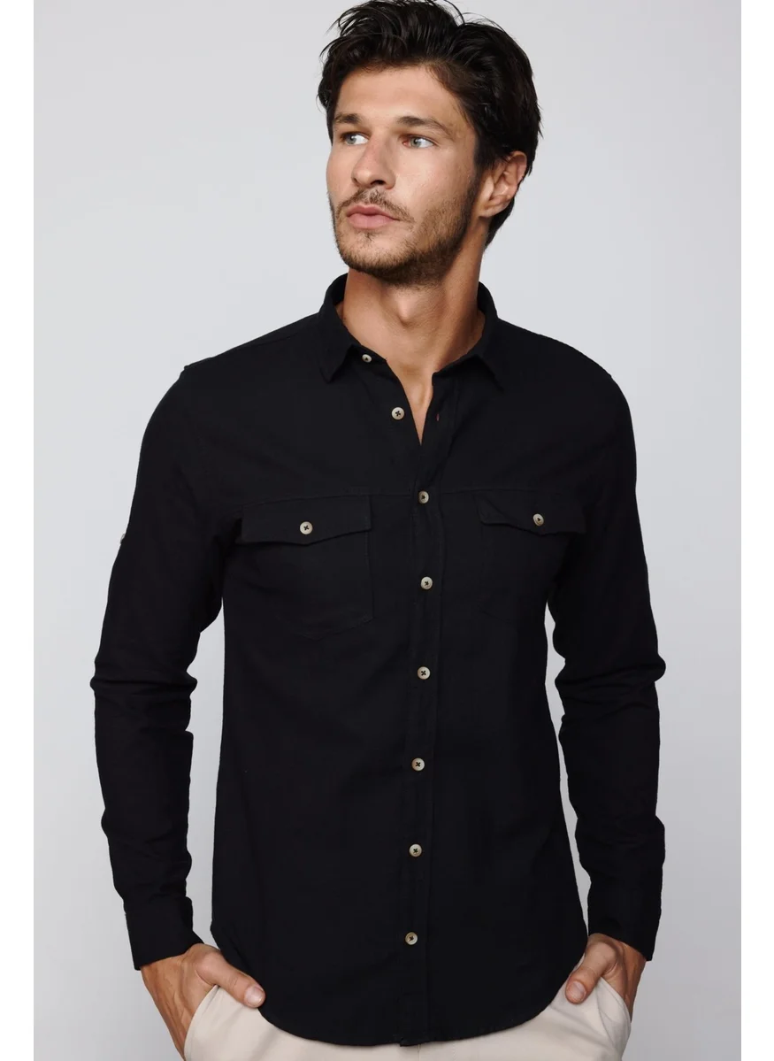 Tudors Slim Fit Long Sleeve Double Pocket Cotton Linen Sport Collar Black Men's Shirt