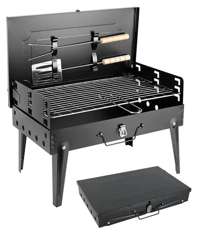 فيو شواية شواء الفولاذ المقاوم للصدأ شواية فحم مع غطاء اكسسوارات قابلة للطي دائم في الهواء الطلق التخييم المنزلي مدخن شواء للطبخ في الهواء الطلق نزهة الحفلات رحلات فناء الفناء الخلفي التخييم الطبخ رمضان اجتمع معا 45 × 42 × 25 سم - Image 1