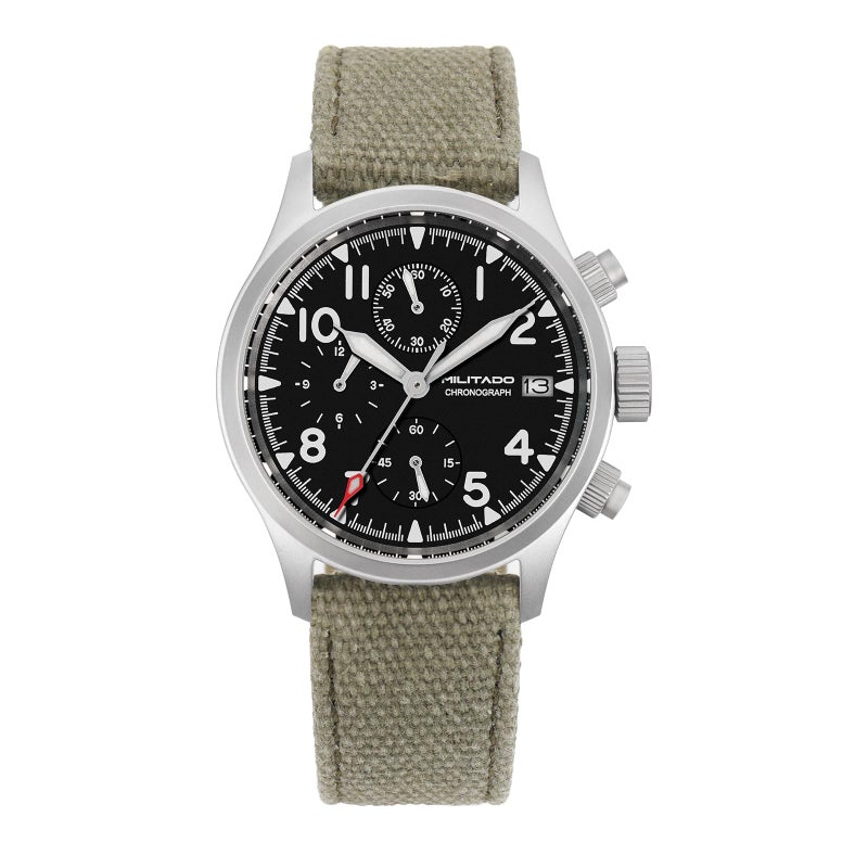 TACTICAL FROG Militado 39mm Military Chronograph Watch VK67 Quartz Sapphire Crystal Two-Color Luminous ML1868-2, Green Canvas Band