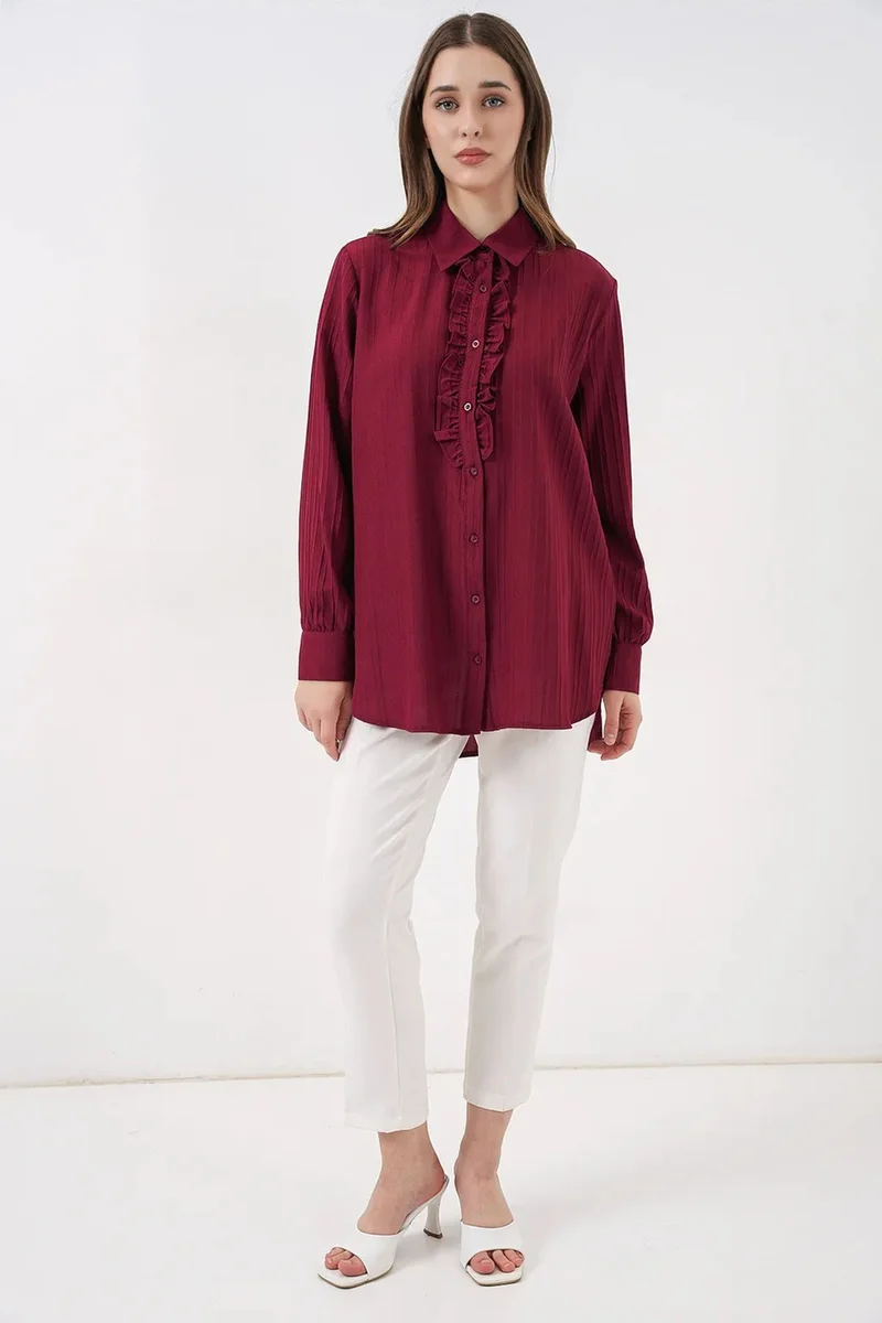 Big Dart Burgundy Red BDART Ruffle Detailed Textured Shirt for Women | Best Price UAE