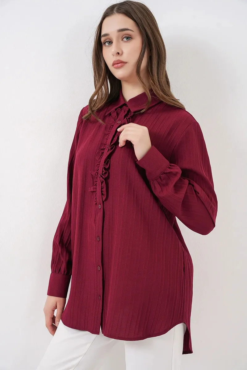 Big Dart Burgundy Red BDART Ruffle Detailed Textured Shirt for Women | Best Price UAE