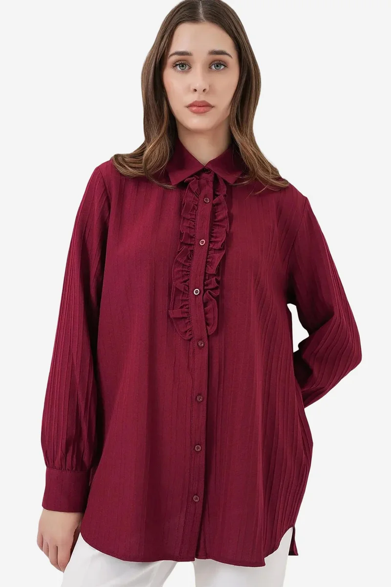 Big Dart Burgundy Red BDART Ruffle Detailed Textured Shirt for Women | Best Price UAE