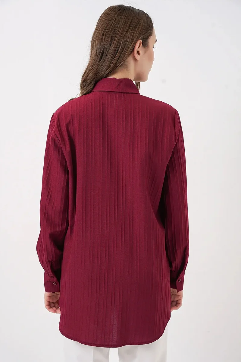 Big Dart Burgundy Red BDART Ruffle Detailed Textured Shirt for Women | Best Price UAE