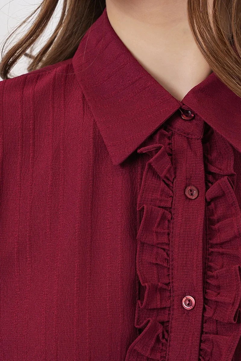 Big Dart Burgundy Red BDART Ruffle Detailed Textured Shirt for Women | Best Price UAE
