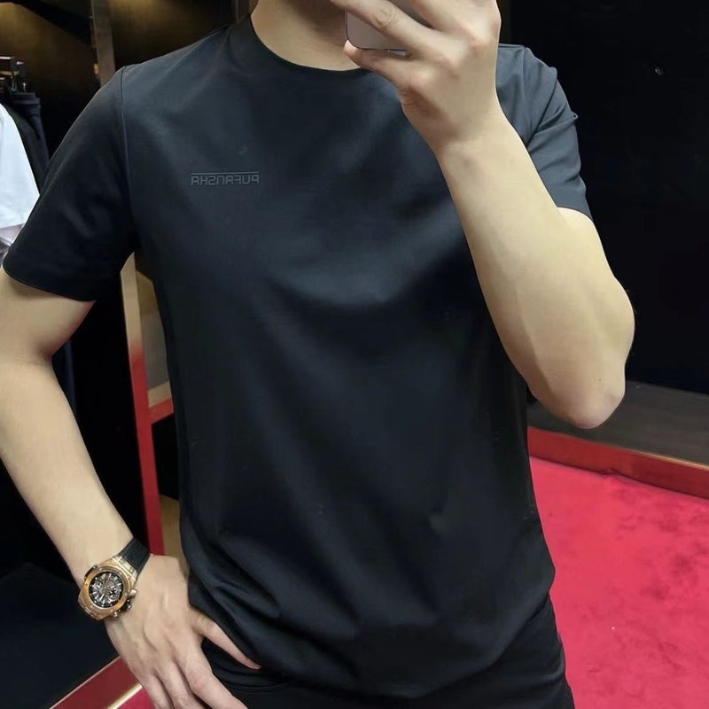 Fashionable Accessible Luxury Stretch Men'S Ice Silk Short-Sleeved Summer Round Neck Quick-Drying Casual Breathable Handsome Half-Sleeved T-Shirt - Image 5