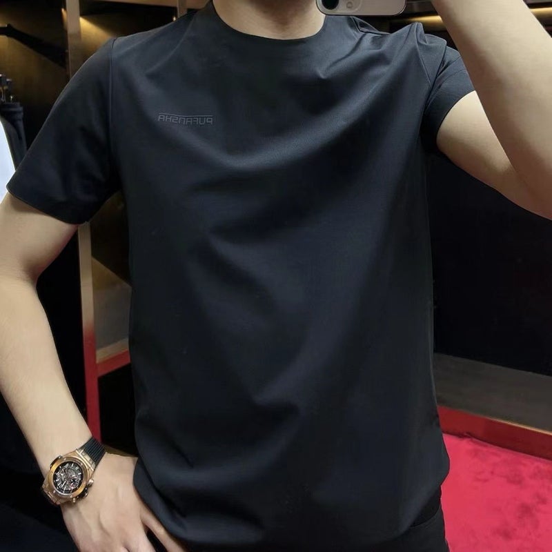 Fashionable Accessible Luxury Stretch Men'S Ice Silk Short-Sleeved Summer Round Neck Quick-Drying Casual Breathable Handsome Half-Sleeved T-Shirt - Image 2