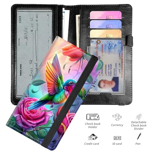 WZCJDHMJ Leather Checkbook Covers for Personal Checkbook Check book Holder Cover Wallets for Women Men,RFID-Blocking Slim Checkbook Cover for Duplicate Checks with Elastic Strap,Colorful Hummingbirds - Image 4
