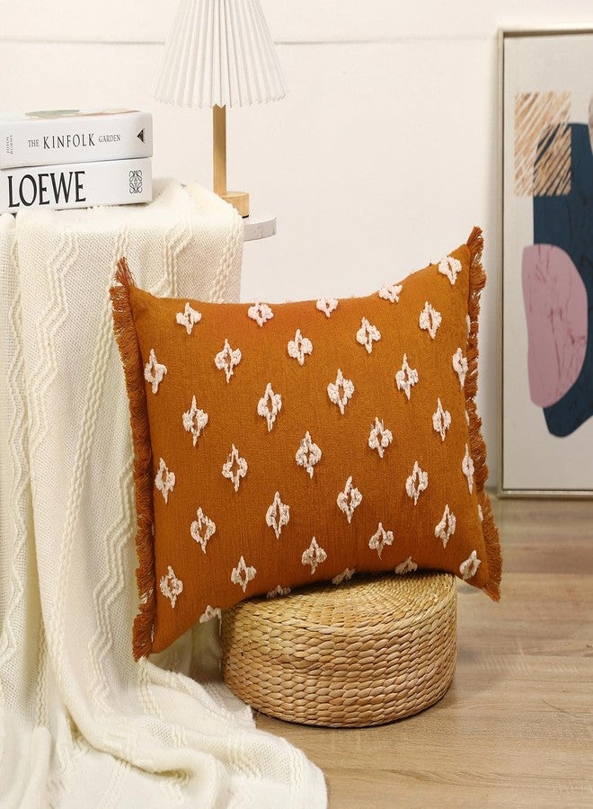 DRNOU Boho Long Lumbar Pillow Cover 16x24 with Tassel,3D Flower Patterned Cotton Decorative Long Lumbar Pillow Cover Pillow Case for Sofa Couch Bed Livingroom Farmhouse,Rust Red - Image 2