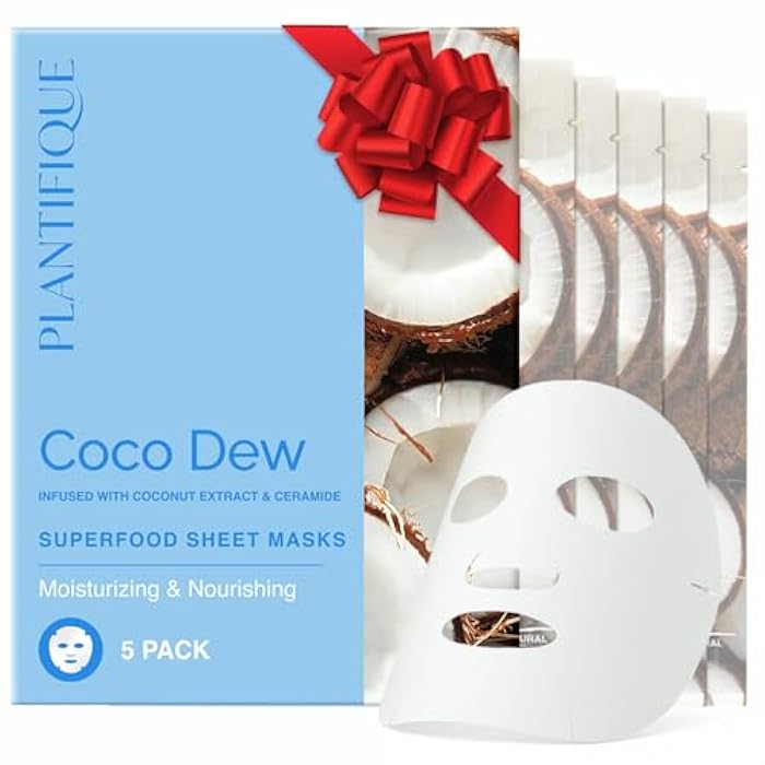 PLANTIFIQUE Facial Sheet Mask Coco Dew 5 Pack – Moisturizing Face Mask with Coconut & Ceramide – Radiant Skin Nourishing Korean Skincare Pack for All Skin Types - Image 1