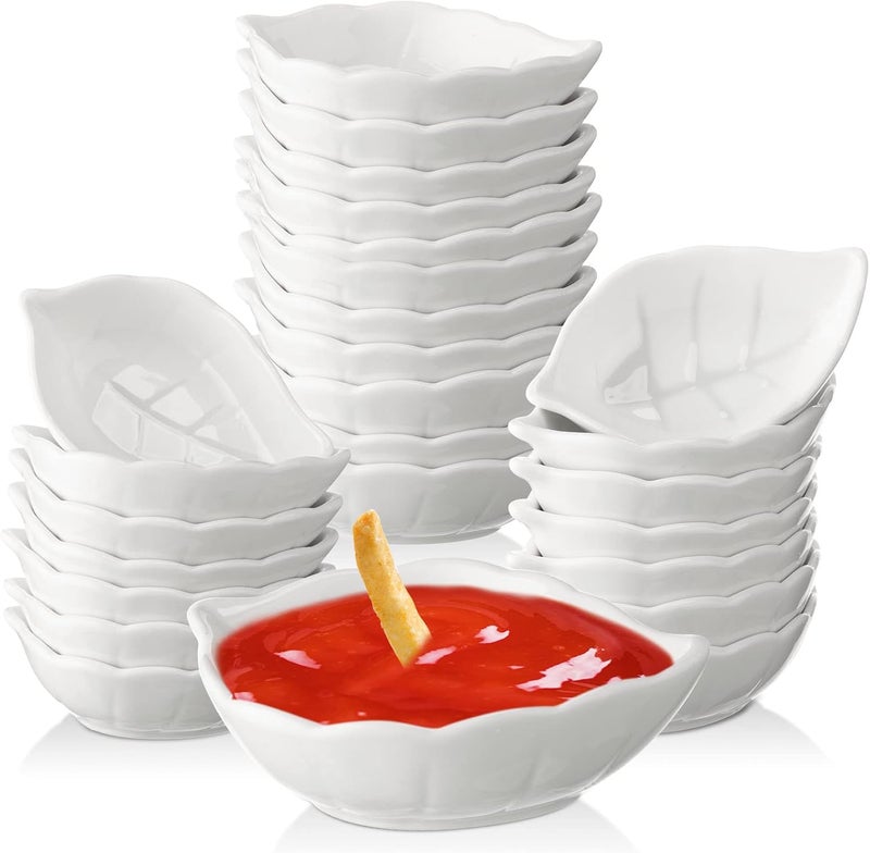 Eccliy 14 Pack Ceramic Soy Dipping Sauce Dish Leaf Shape Bowls Cute Dipping Sauce Cups White Dipping Bowls Small Mini Leaf Dish for Charcuterie Condiments Appetizer BBQ Sushi Serving Plates Soy Sauce - Image 1