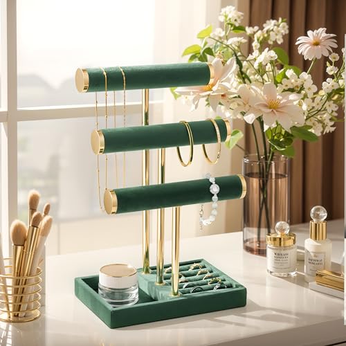 bussdis 3 Tier Bracelet Holder Display Detachable T Bar Dark Green Velvet Bracelet Holder Jewelry Holder Organizer for Bracelet Necklace Watches Rings - Image 3