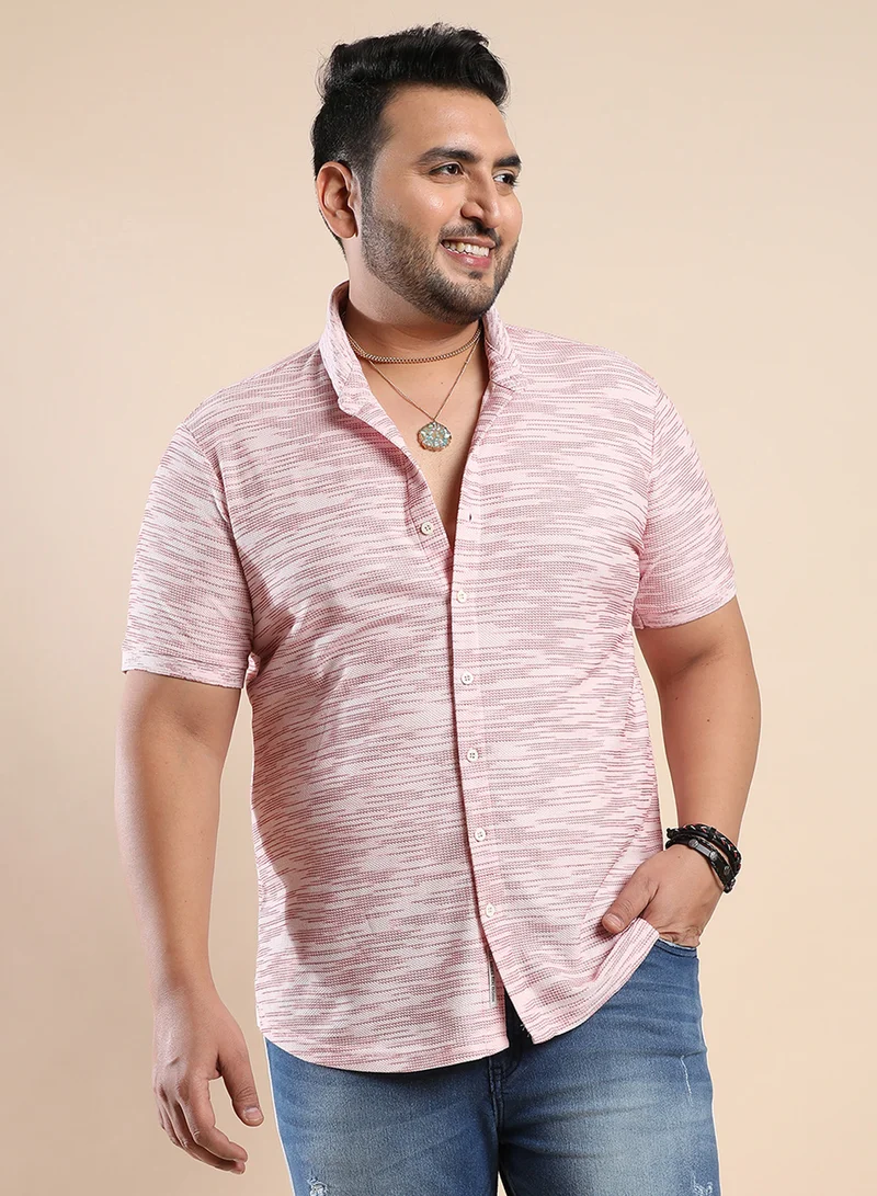 انستافاب بلس Instafab Plus Men's Blush Pink Textured Horizontal Striped Shirt For Casual Wear | Spread Collar | Short Sleeve | Button Closure | Polycotton Shirt Crafted With Comfort Fit For Everyday Wear