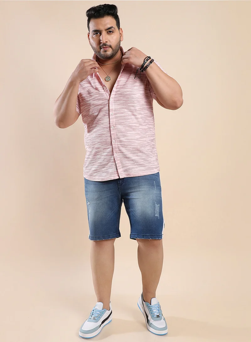 انستافاب بلس Instafab Plus Men's Blush Pink Textured Horizontal Striped Shirt For Casual Wear | Spread Collar | Short Sleeve | Button Closure | Polycotton Shirt Crafted With Comfort Fit For Everyday Wear