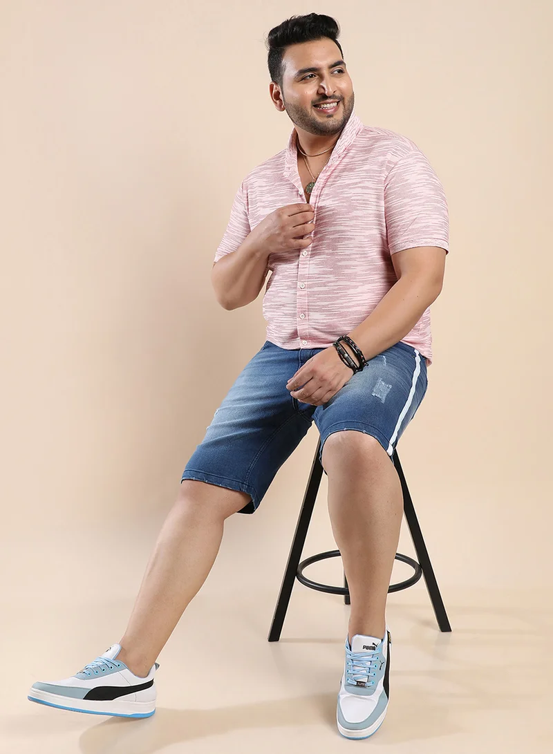 انستافاب بلس Instafab Plus Men's Blush Pink Textured Horizontal Striped Shirt For Casual Wear | Spread Collar | Short Sleeve | Button Closure | Polycotton Shirt Crafted With Comfort Fit For Everyday Wear