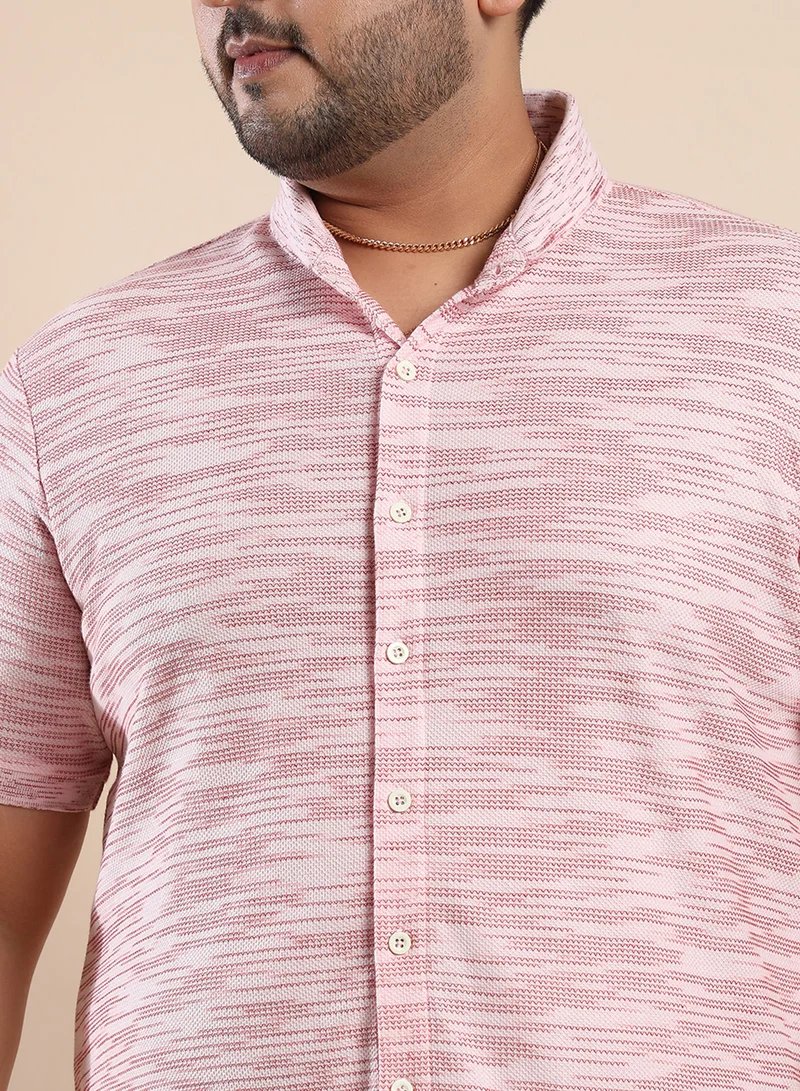 انستافاب بلس Instafab Plus Men's Blush Pink Textured Horizontal Striped Shirt For Casual Wear | Spread Collar | Short Sleeve | Button Closure | Polycotton Shirt Crafted With Comfort Fit For Everyday Wear