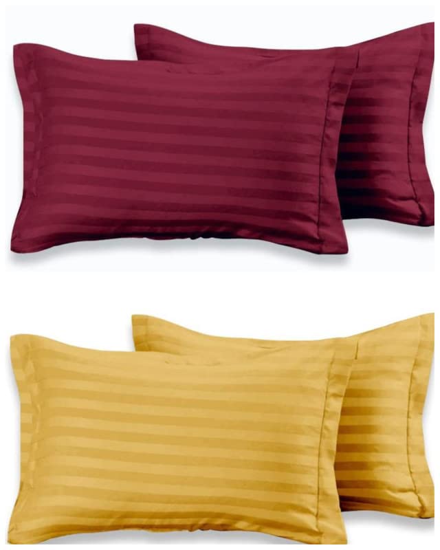 YFH Creative Super Soft Breathable Brushed Microfiber Cotton 220 GSM Luxurious Striped Pillow Covers Combo Set of 4 Peices- 18"x 28", Maroon & Yellow - Image 1