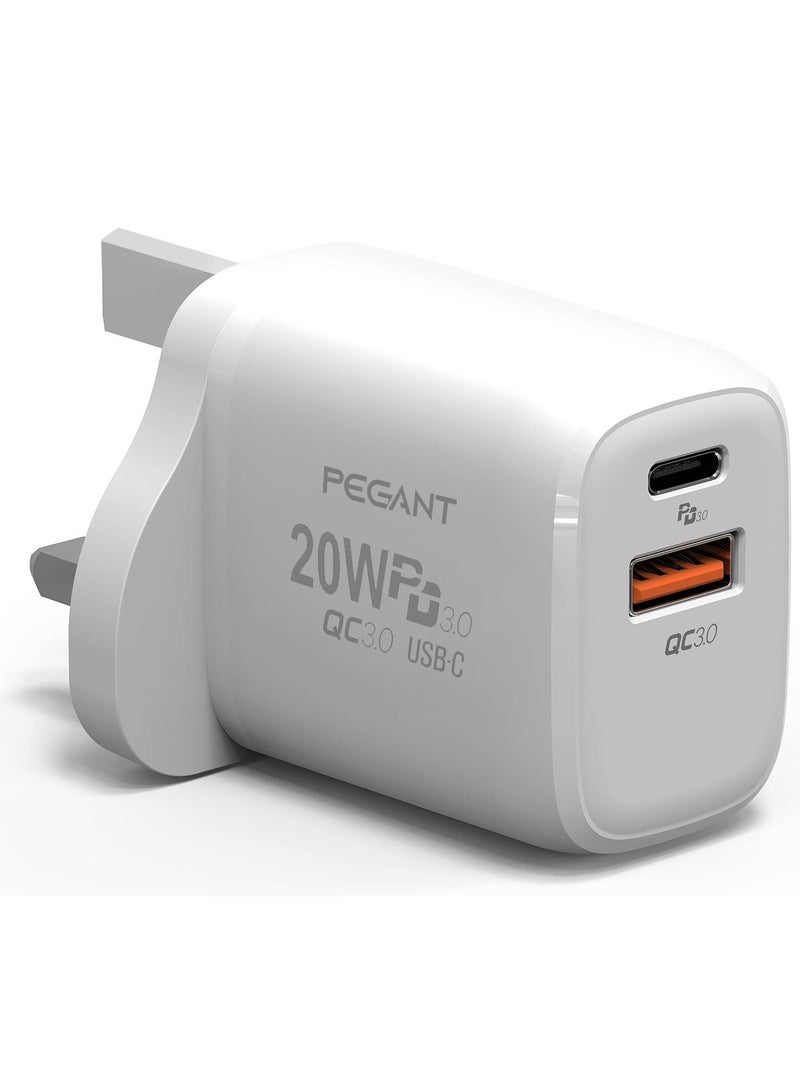 PEGANT 20W USB C PD Fast Charger Dual Port Type C QC3.0 Wall Adapter UK Plug White - Image 1