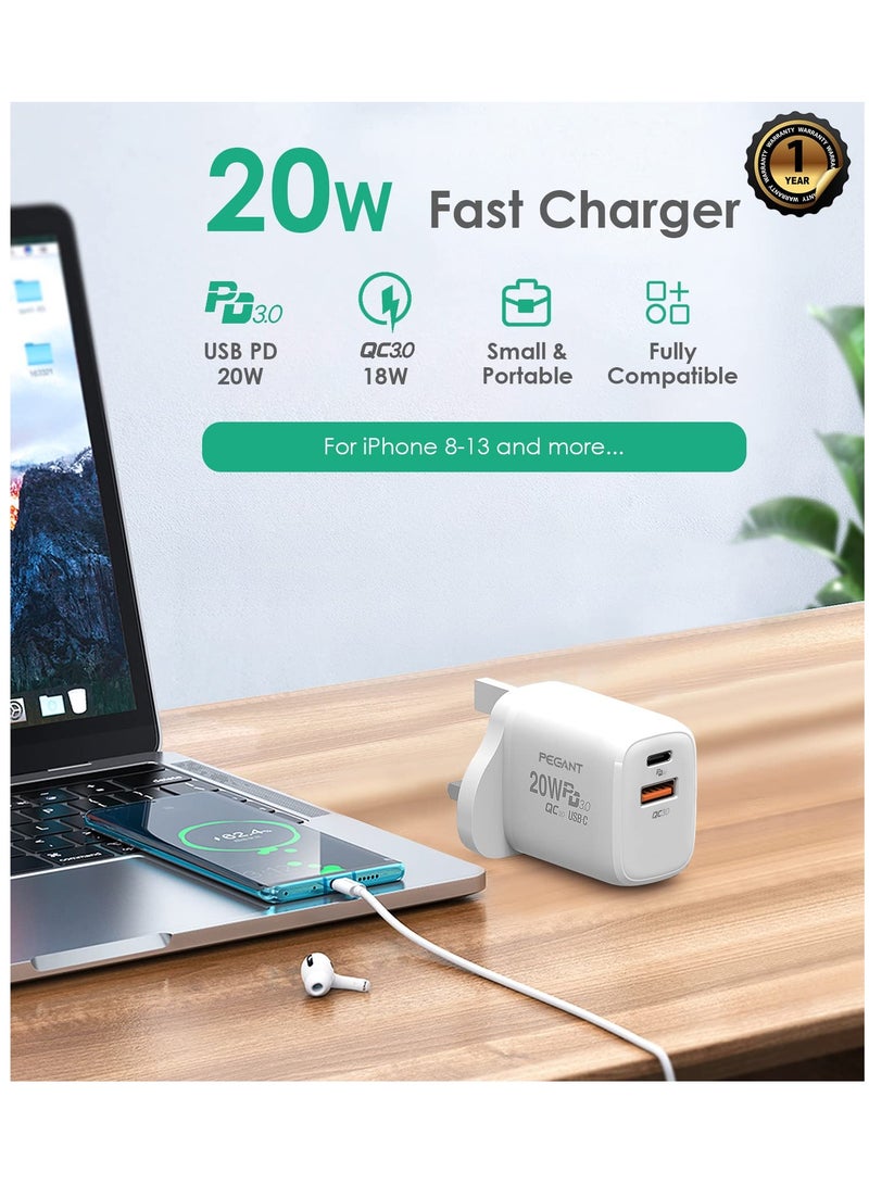 PEGANT 20W USB C PD Fast Charger Dual Port Type C QC3.0 Wall Adapter UK Plug White - Image 2