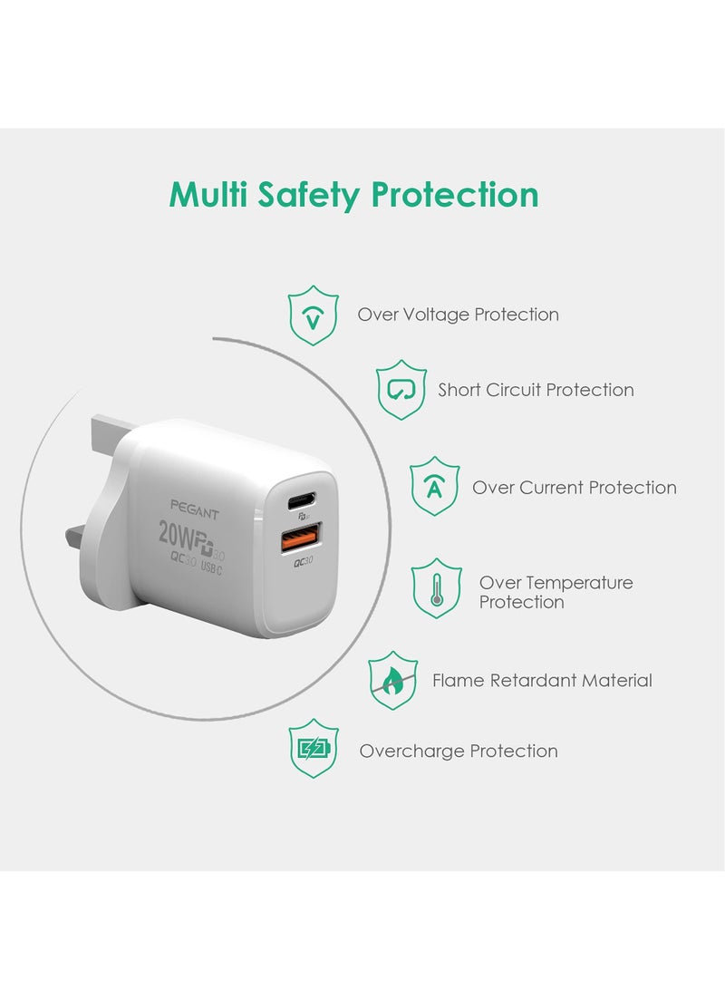 PEGANT 20W USB C PD Fast Charger Dual Port Type C QC3.0 Wall Adapter UK Plug White - Image 4