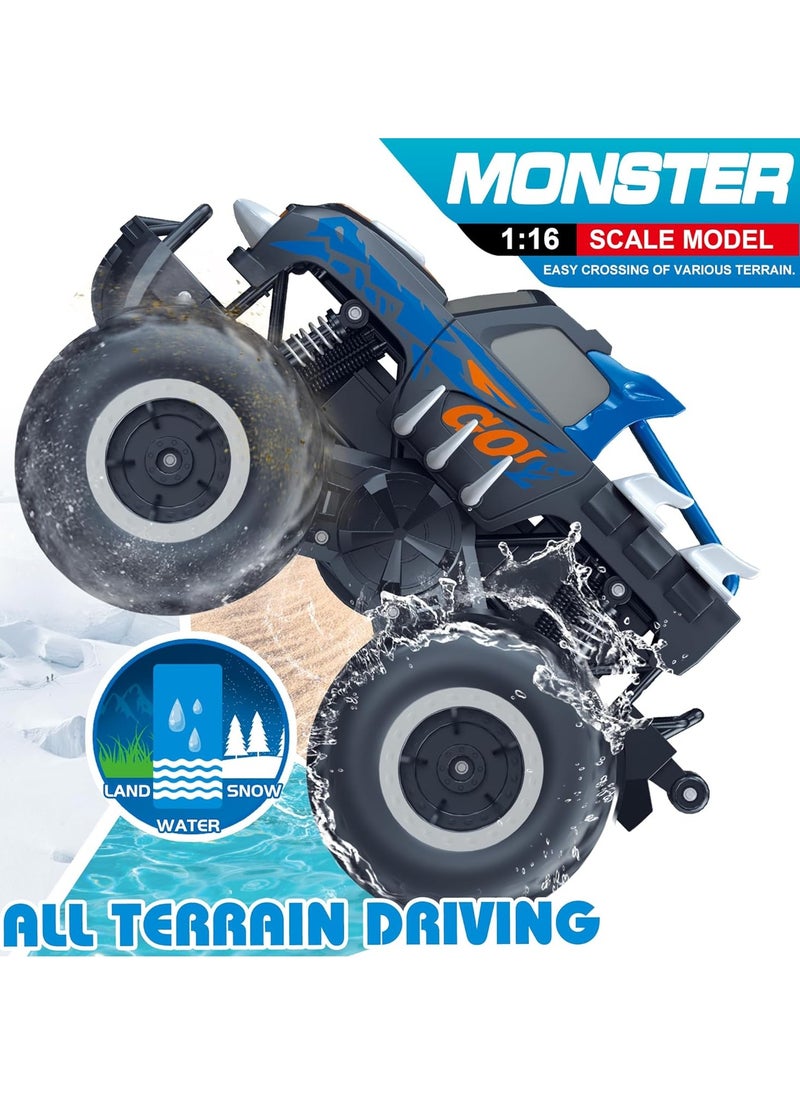 Taizz Ventures 1:16 Waterproof RC Monster Truck Pickup Car – 4WD Amphibious Remote Control Off-Road Car Toys, High Speed, Shockproof, Rechargeable, All-Terrain Vehicle Gift for Kids Age 6-12 Boys & Girls - Blue  - Image 5