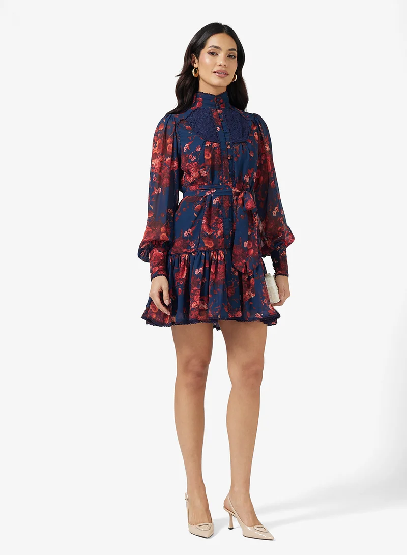 Hope & Ivy Lace Collar Detailing Long Sleeve Embroidered Mini Dress