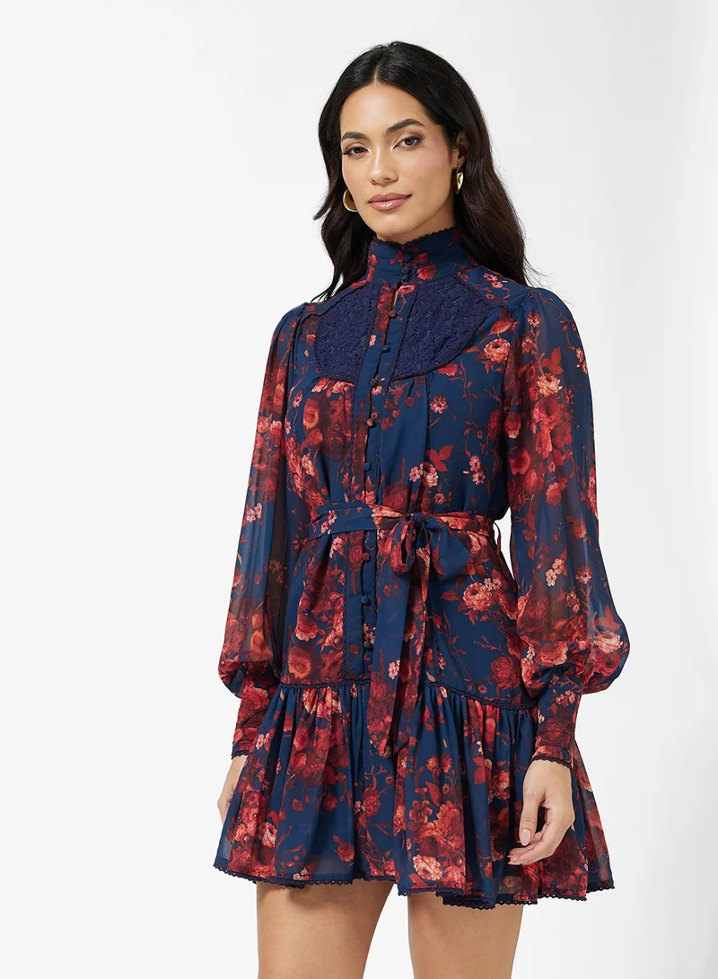 هوب اند ايفي Lace Collar Detailing Long Sleeve Embroidered Mini Dress