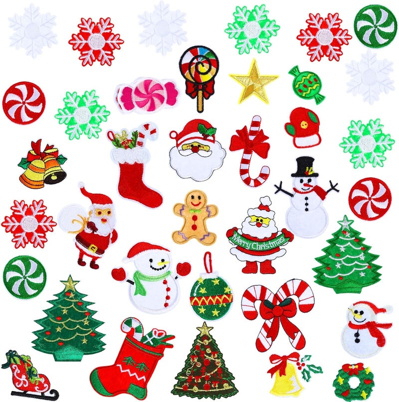 Canlierr 36 Pieces Christmas Iron on Embroidered Patches Snowman Socks Santa Claus Snowflake Cute Sew on Patches for Clothing Large Colorful Decorative Patches for Clothes Dress Hat Jeans DIY Snowman - Image 1