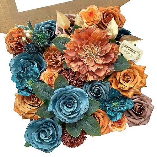 FACINOC Roses Artificial Flowers Bouquet Box Set Fake Flower for DIY Bridal Wedding Shower Decorations Centerpieces for Table Faux Silk Floral Arrangement for Party Home Decor Indoor Teal Orange - Image 1