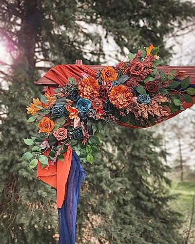 FACINOC Roses Artificial Flowers Bouquet Box Set Fake Flower for DIY Bridal Wedding Shower Decorations Centerpieces for Table Faux Silk Floral Arrangement for Party Home Decor Indoor Teal Orange - Image 4